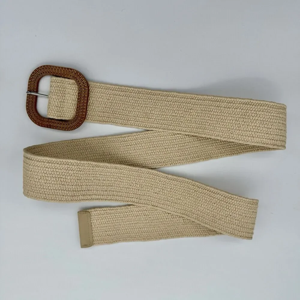 Straw Stretch Woven Belt Womens Natural -Rattan Buckle 48